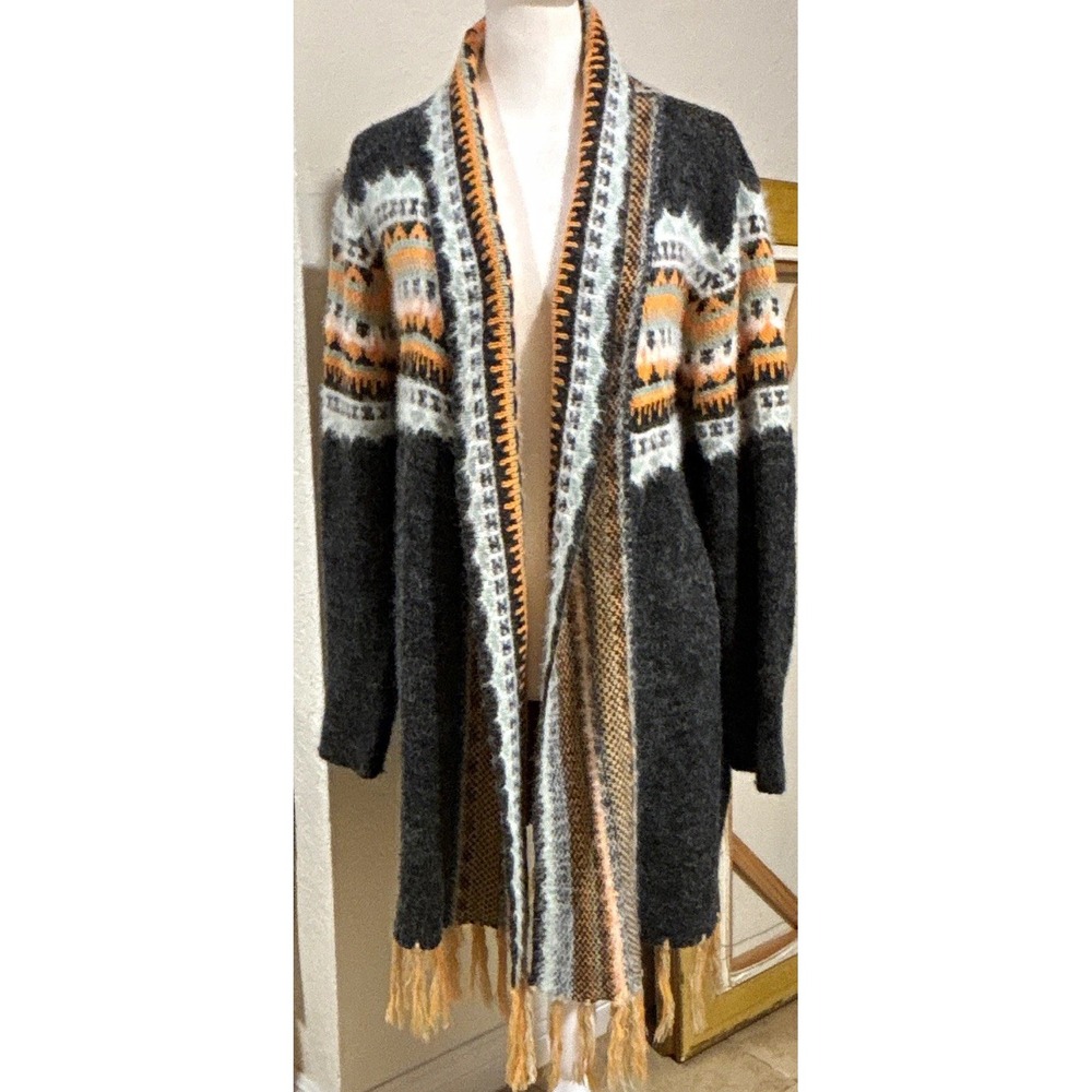 Adora Open Front long cardigan sweater Fringe boho cottagecore M/L